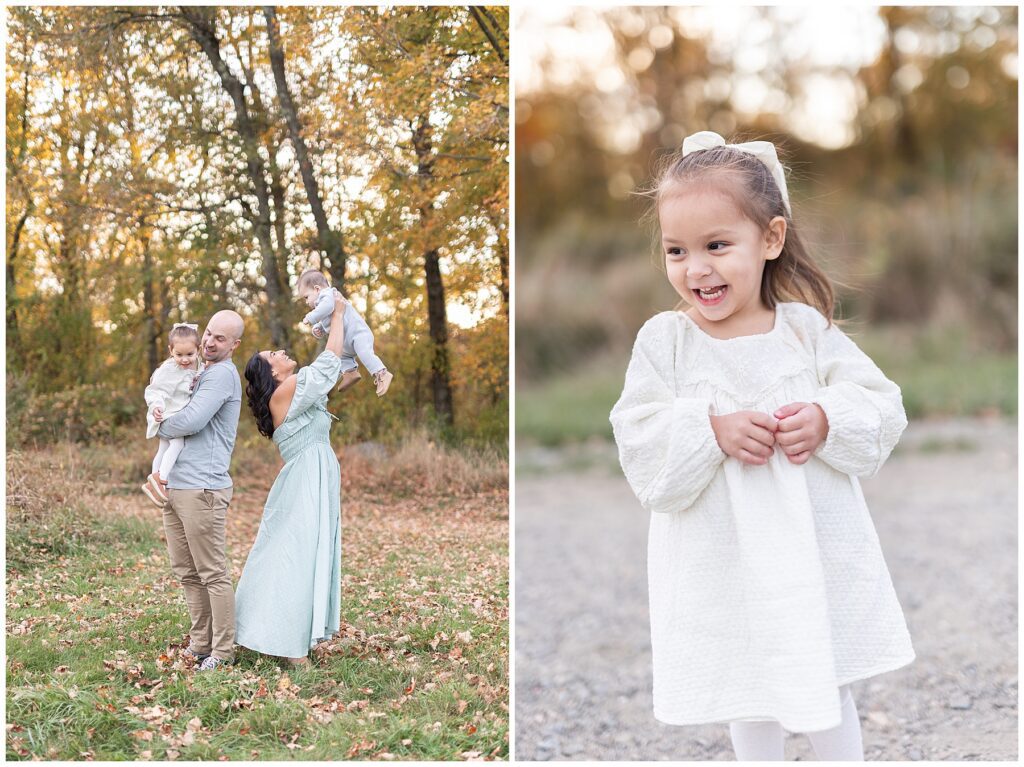 Colorful leaves in family photos with baby and toddler
