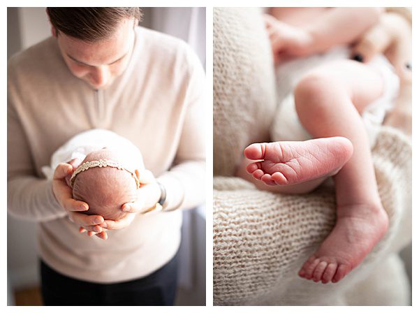 Dad cradling baby and details of baby's feet