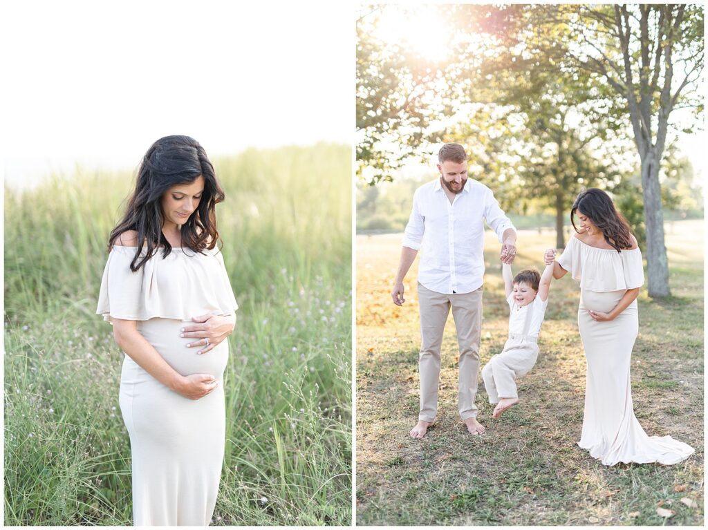 Fun maternity session with family on the beach. Mom looking at belly and with professional hair and makeup for maternity session.