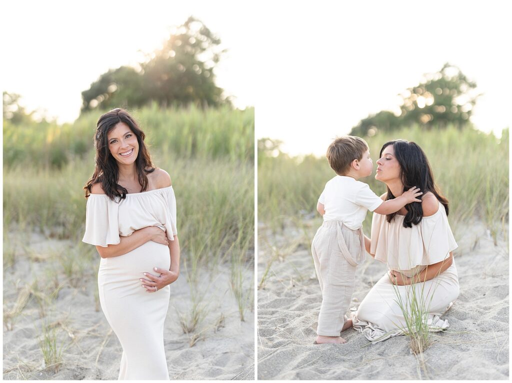 Maternity session on the beach in Fairfield County, CT. Mom kissing son on the beach while holding baby bump. Gorgeous mom with professional hair and makeup for maternity portraits.