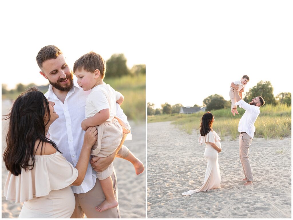 Family having fun on the beach during maternity portrait session. Maternity photos taken at sunset. Dad holding son in the air during pregnancy photos in Westport.