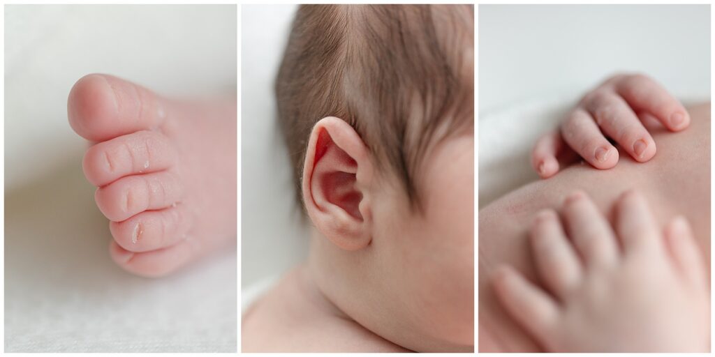 Detail images from newborn session in Bethel, CT photography studio of baby's hands, toes and ear. 