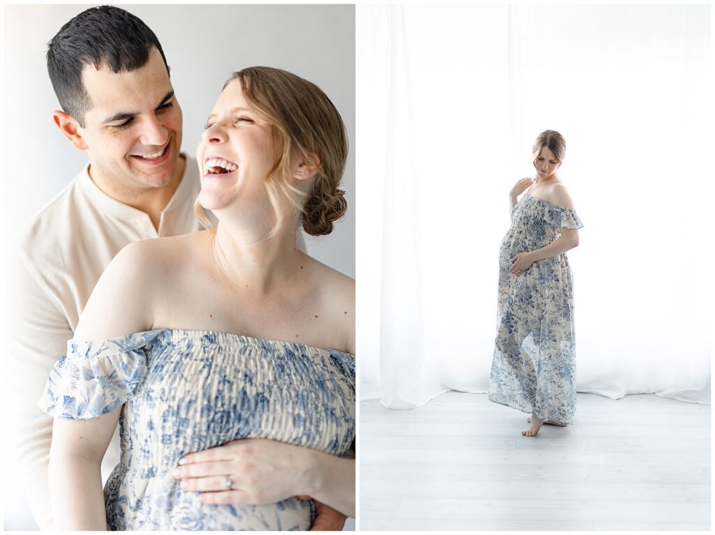 Studio maternity photography featuring an expecting mother and her husband with coordinated wardrobe styling in a Fairfield, CT photography studio.