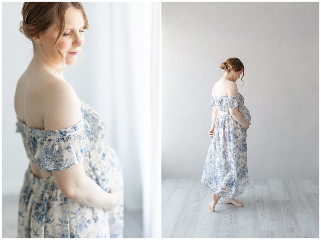 Elegant studio maternity portrait of a woman in a long flowing gown by Westchester maternity photographer Forty Seven Moments.