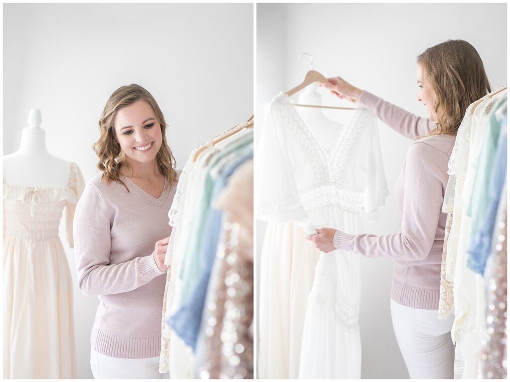 Curated client closet featuring neutral maternity dresses and gowns for photography clients in Westchester and Fairfield County.