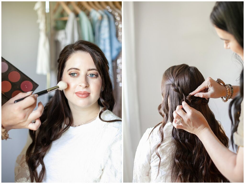 Expecting mother receiving professional hair and makeup services before her studio maternity photography session in Connecticut.