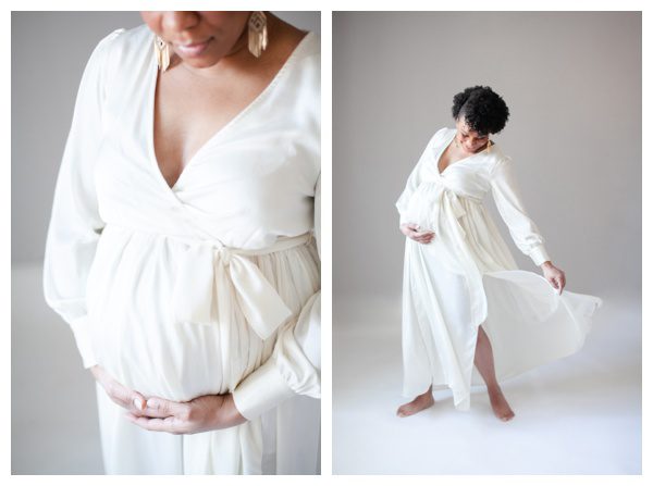 Studio maternity portrait session with long white dress