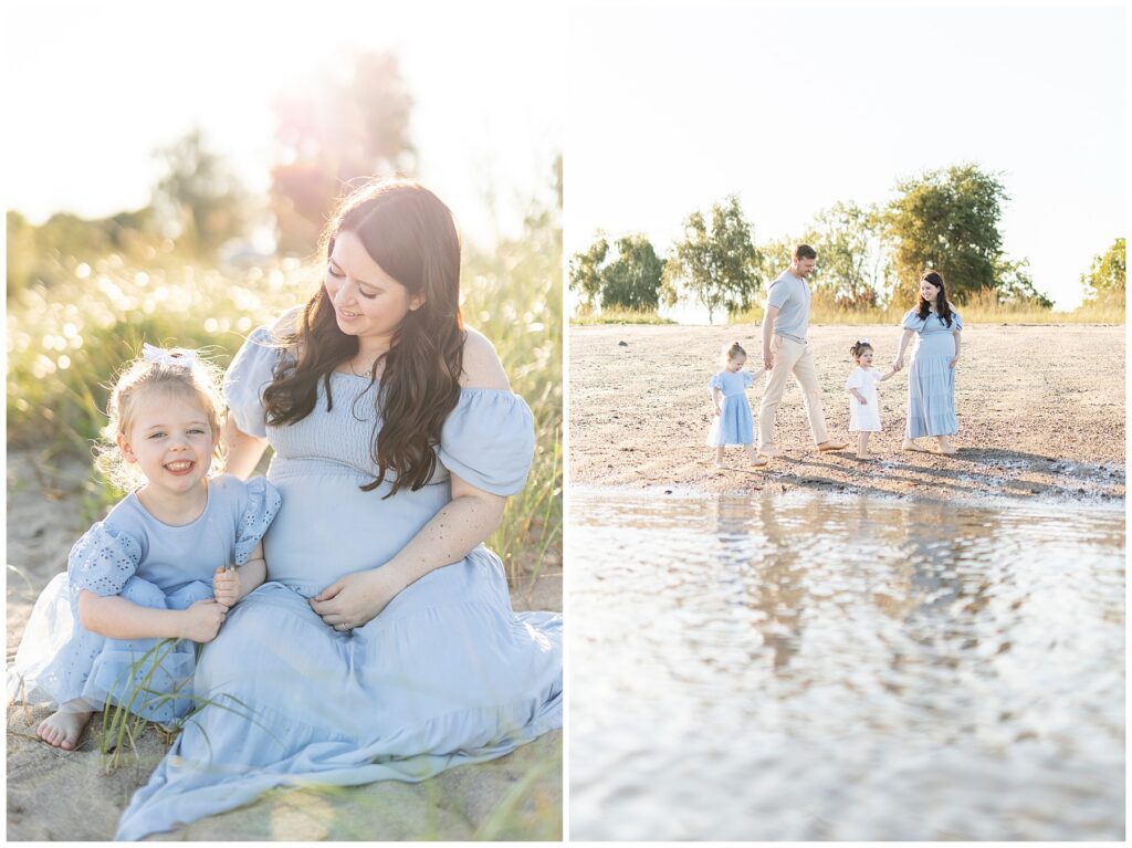 Toddler running through beach grass and dunes during a Fairfield County family photo session, showing a variety of coastal backdrops.