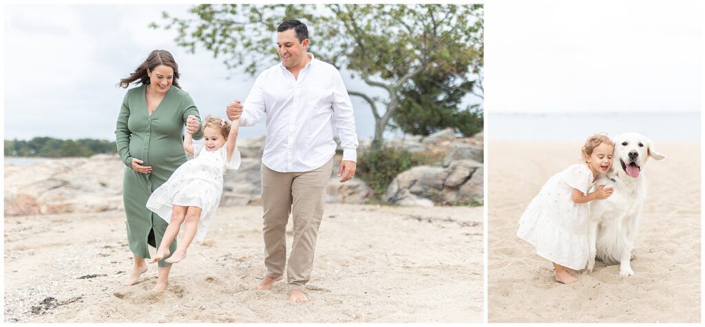 Joyful family playing on the wide-open sand with their golden retriever during a beach family portrait session in Darien.