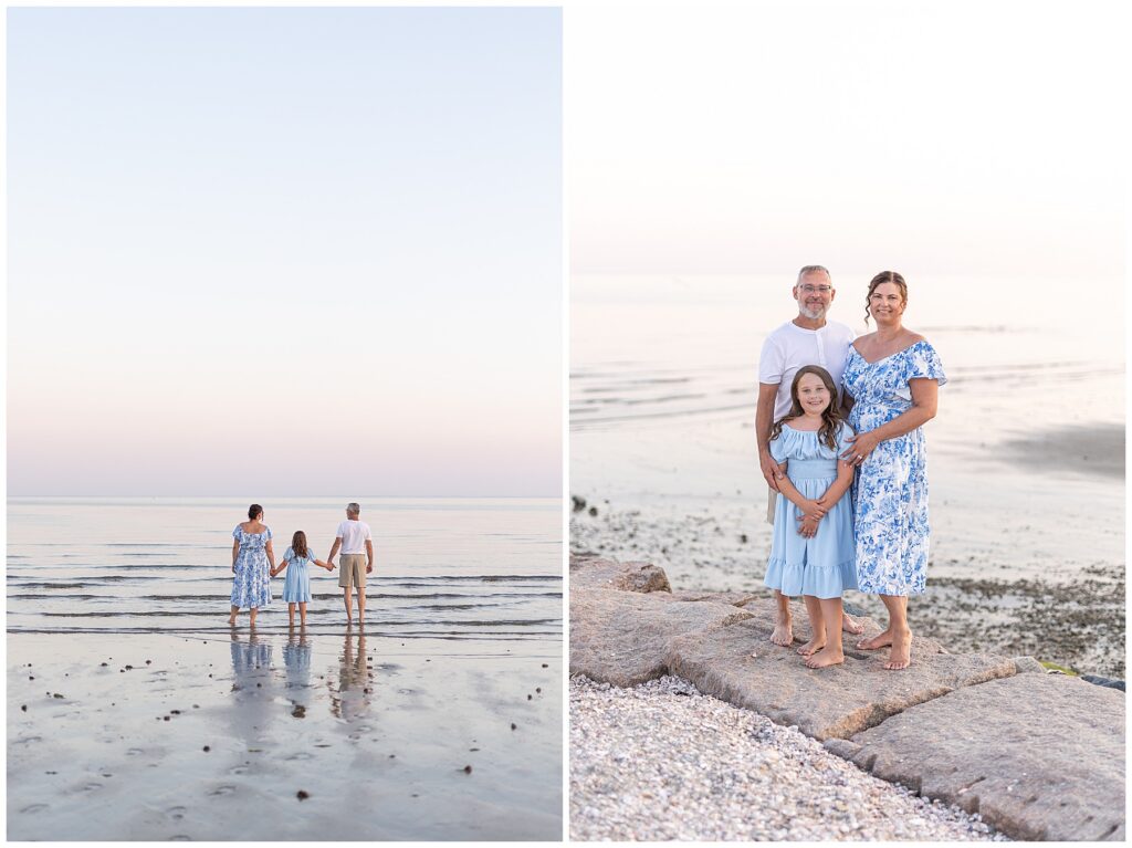 Minimalist family portrait with an open sky and ocean backdrop during a Fairfield County beach photography session.