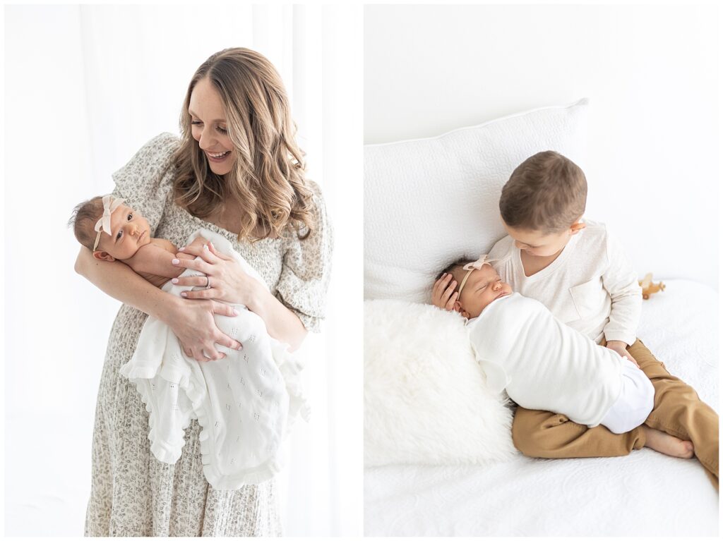 Beautiful mom with professional hair and makeup and wardrobe styling for newborn session