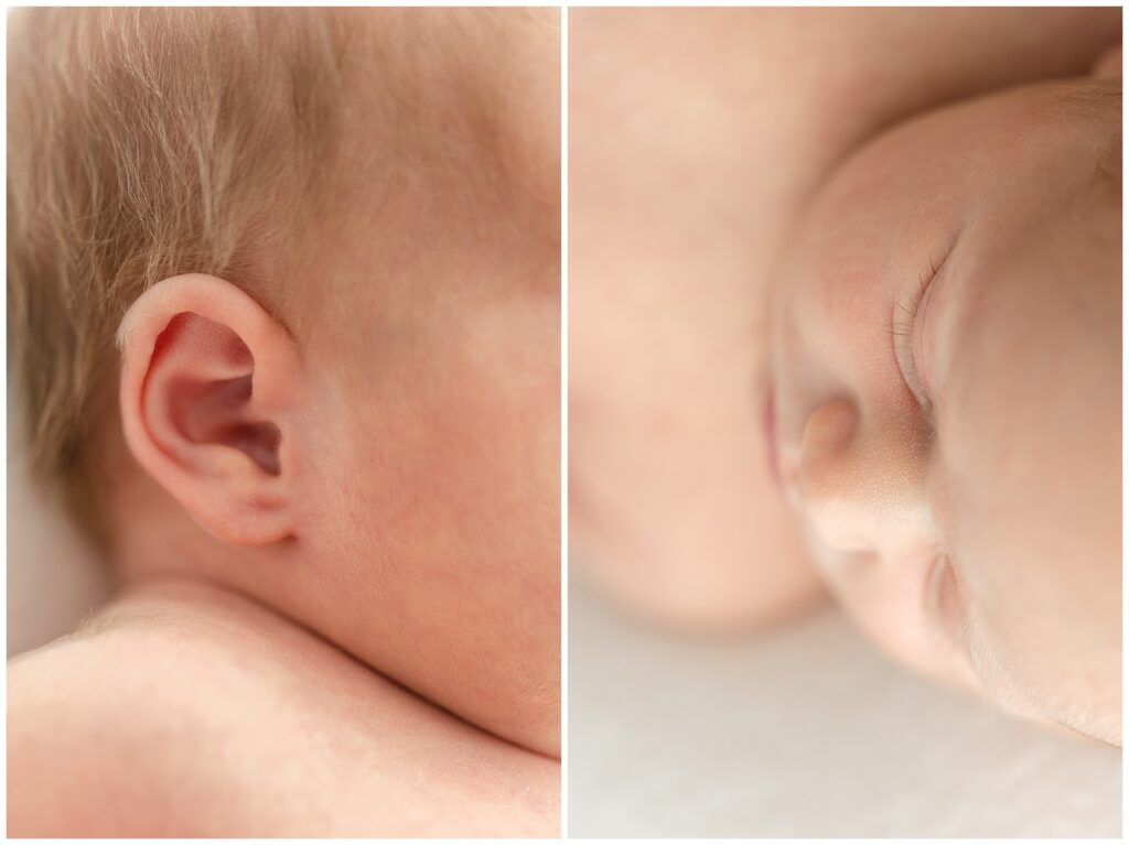 Detail shots of ear and eyelashes in sleepy newborn pictures