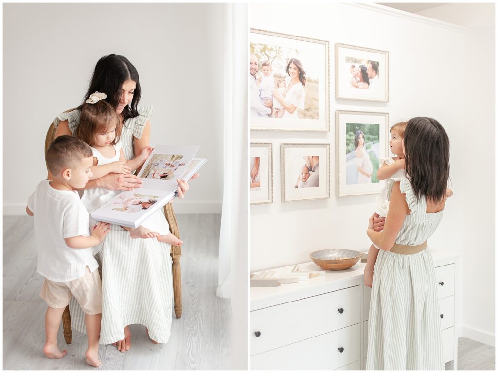 Families enjoying their printed memories through custom framing and professional photo albums by Forty Seven Moments Photography.