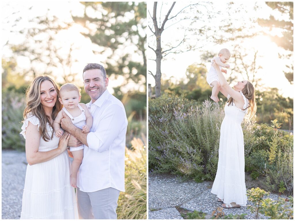 Golden light beach pictures of the family in Greenwich CT. Mom with professional hair and makeup. Neutral family outfits for a CT beach family portrait session.