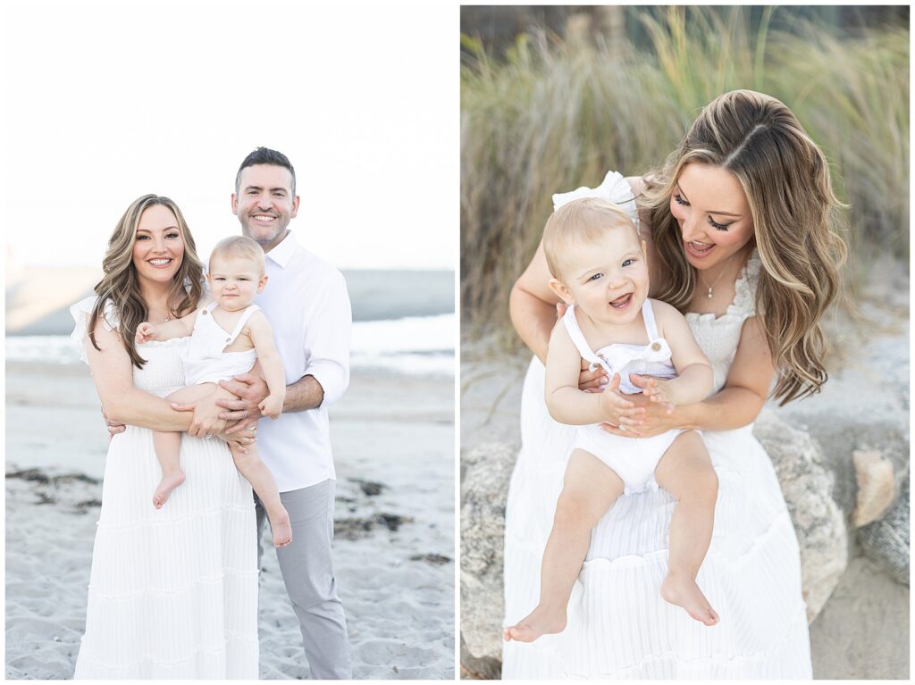How to have the best photos for a family beach photography session. Mom with professional hair and makeup. Gorgeous, white sundress with ruffles for family beach photo session in CT.
