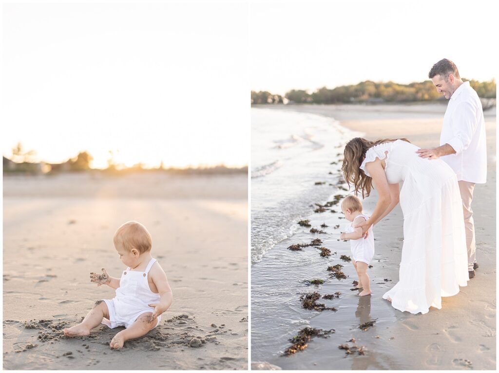 Baby dipping toes in water for family beach photography in Fairfield County CT. Mom and dad playing with their son on the beach. Sunset family session in Connecticut.