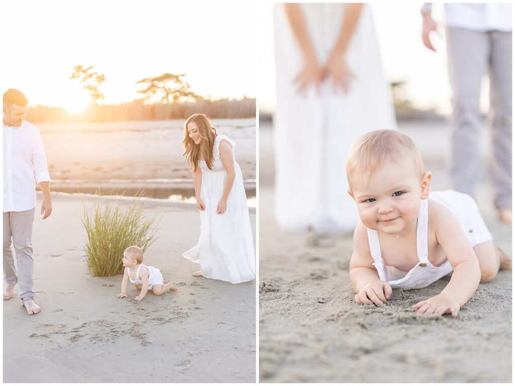 The perfect family beach photos in Fairfield County CT by Rachel Henderson. Happy baby on the beach playing in the water and sand.