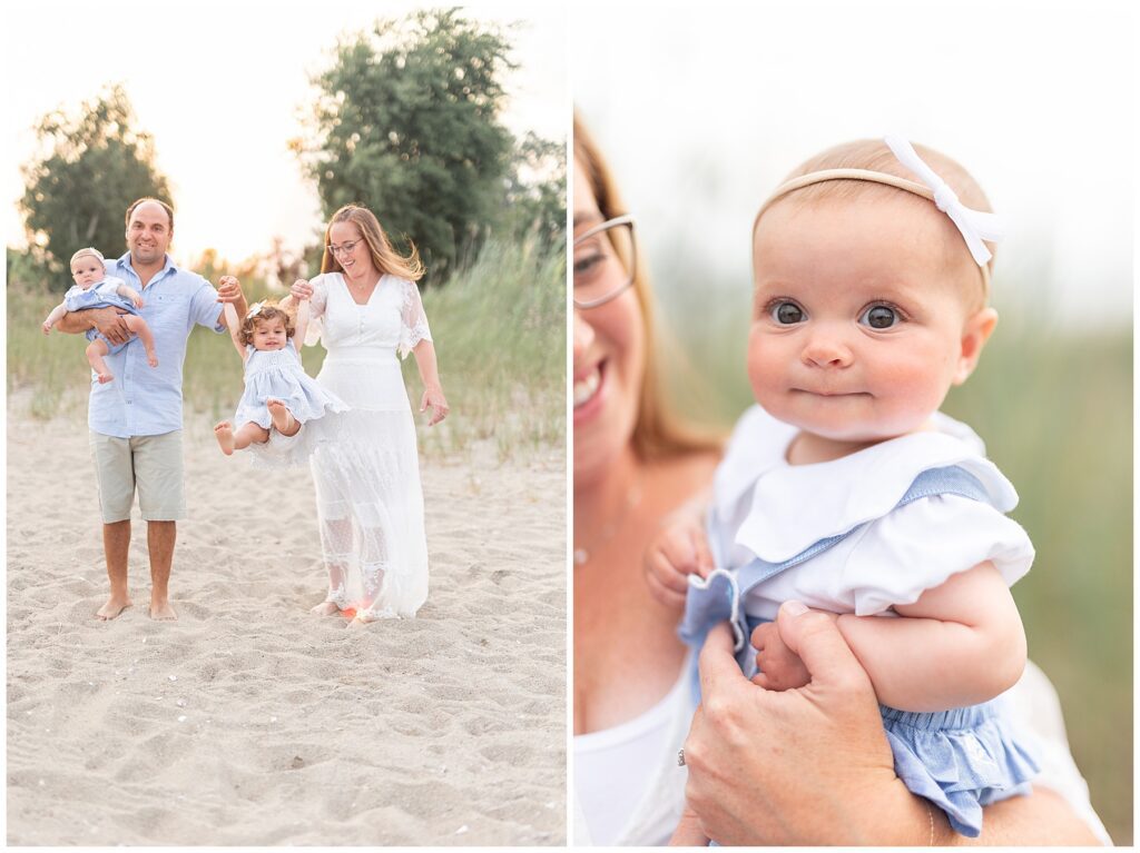 Family portraits on the beach in Westport CT. Parents swinging daughter and dad holding baby. Coordinated family outfits from client closet.