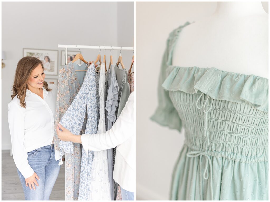 Inside the studio of Forty Seven Moments Photography. Photographer, Rachel Henderson, guides client through the client wardrobe during a styling appointment.